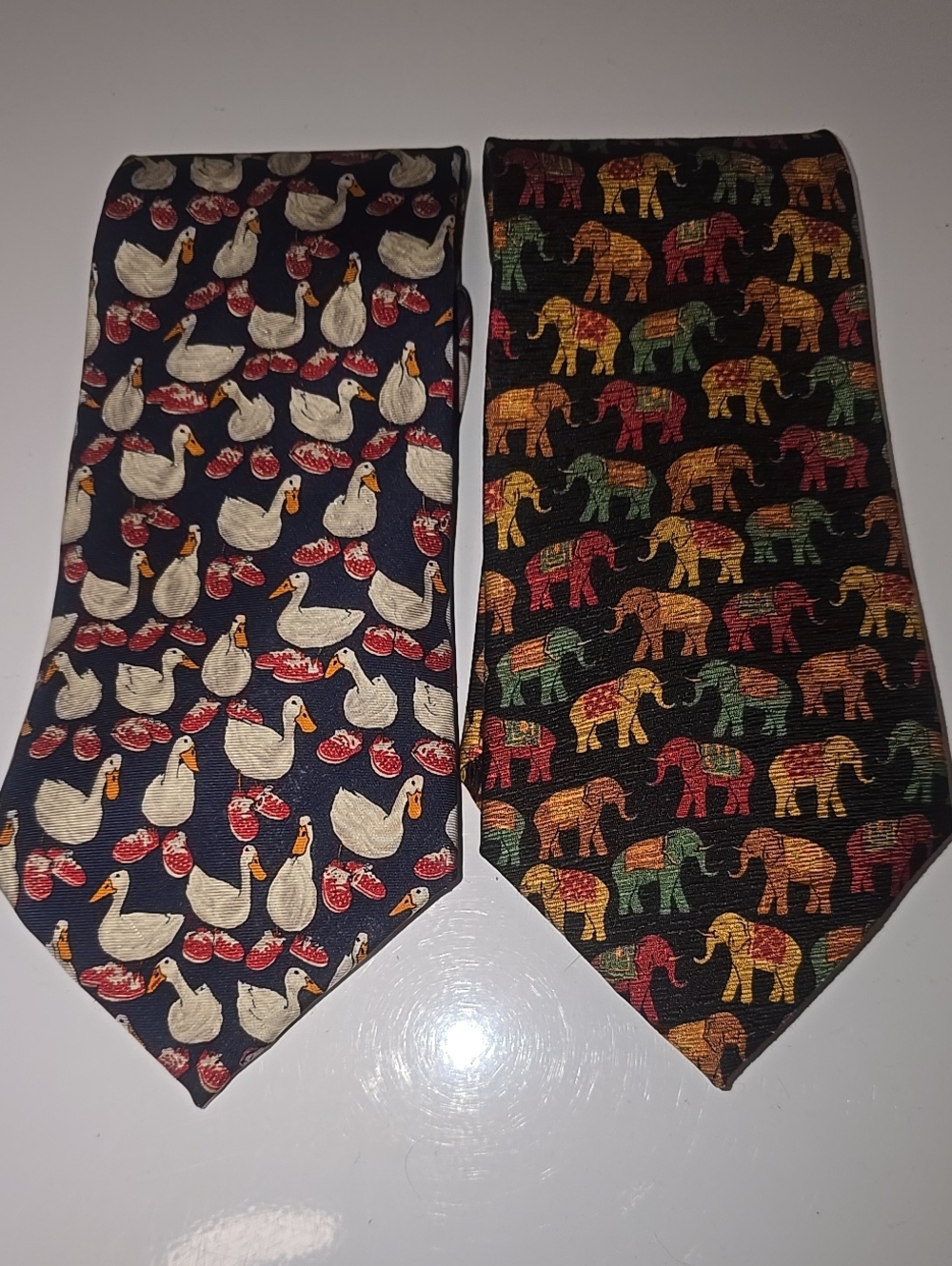 Paul Fredrick Navy Tie with White Ducks w/Red Sneakers & Muli-colored Elephant